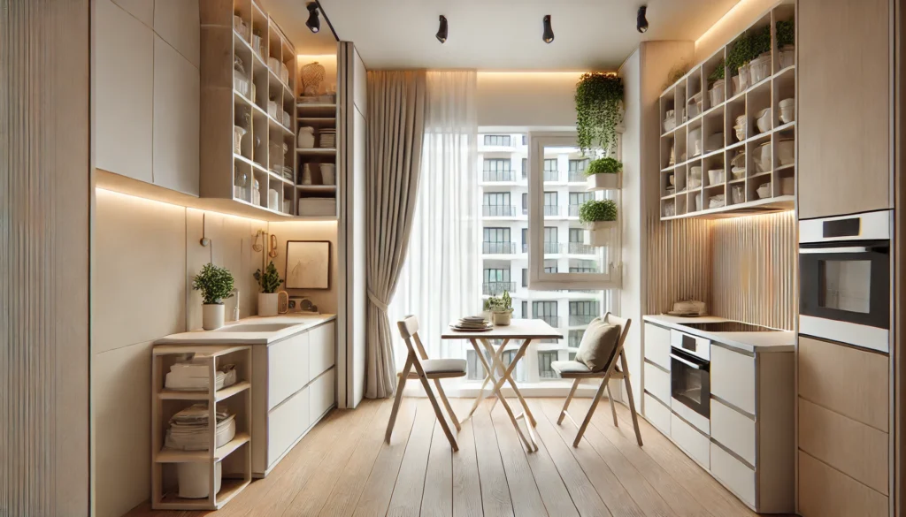 DALL·E 2024 11 09 21.57.59 A cozy and modern small apartment interior designed to maximize space. It features foldable furniture like a foldable dining table and chairs multi f
